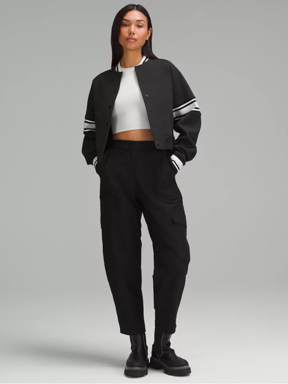 Lululemon Cropped Bomber Jacket Black White Varsity Stripe Size XS
